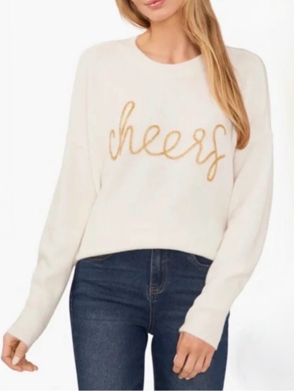 CeCe Women's Beaded Cheers Script Crewneck Long-Sleeve Sweater white
Size XL